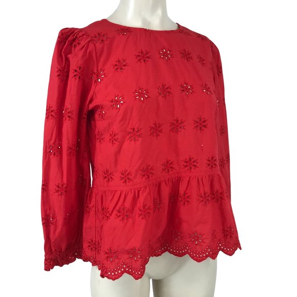 MADEWELL - WOMEN'S XS - ORANGE RED EYELET LONG SLEEVE ROUND NECK RUFFLE TOP - Picture 1 of 6